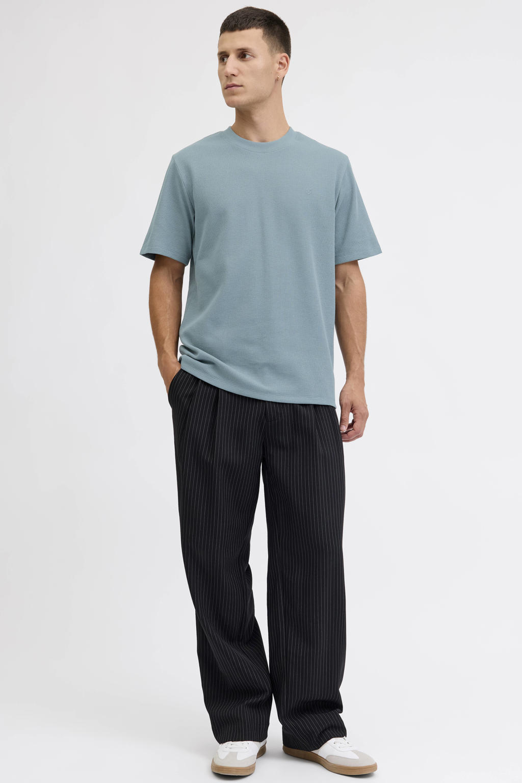 Blauwe heren JACK & JONES PREMIUM regular T-shirt van polyester met effen, korte mouwen en ronde hals