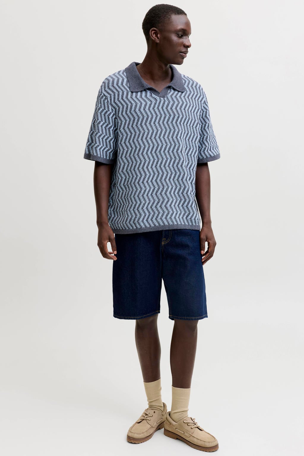 Blauwe heren JACK & JONES ORIGINALS relaxed polo gebreid van katoen met korte mouwen en openvallende hals