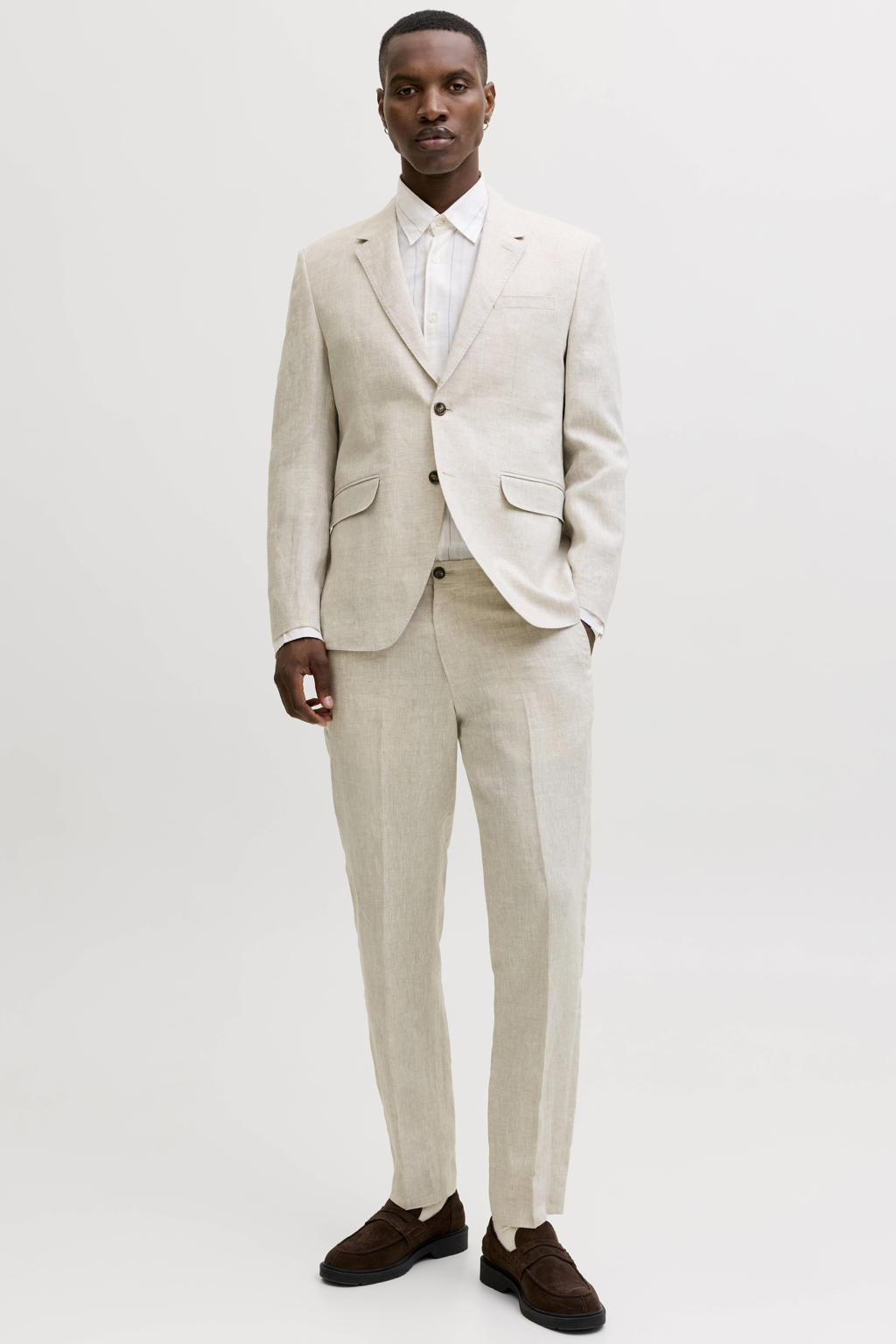 Beige heren JACK & JONES PREMIUM linnen slim fit colbert met melée print, reverskraag en gebreide details
