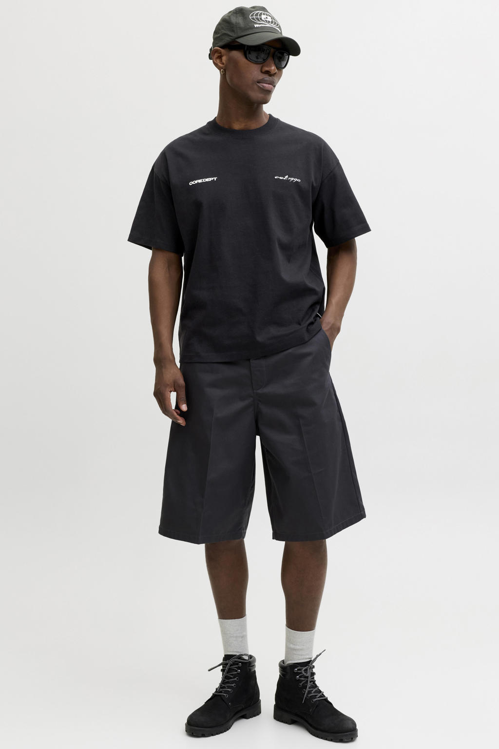 Zwarte heren JACK & JONES CORE relaxed T-shirt van katoen met backprint, korte mouwen en ronde hals
