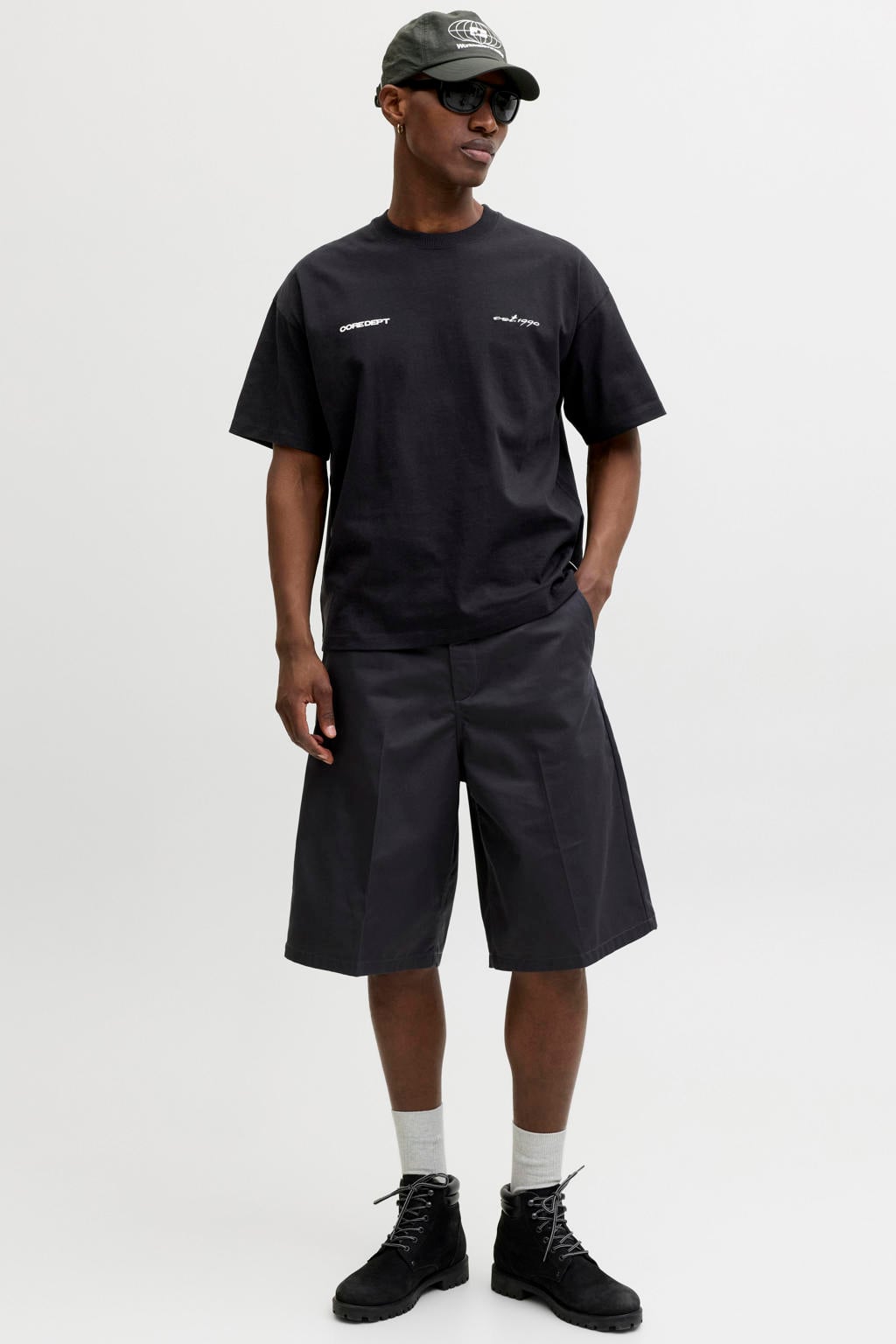 Zwarte heren JACK & JONES CORE relaxed T-shirt van katoen met backprint, korte mouwen en ronde hals