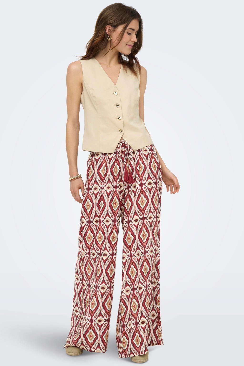 Donkerrood en ecru dames ONLY wide leg broek van viscose met high waist