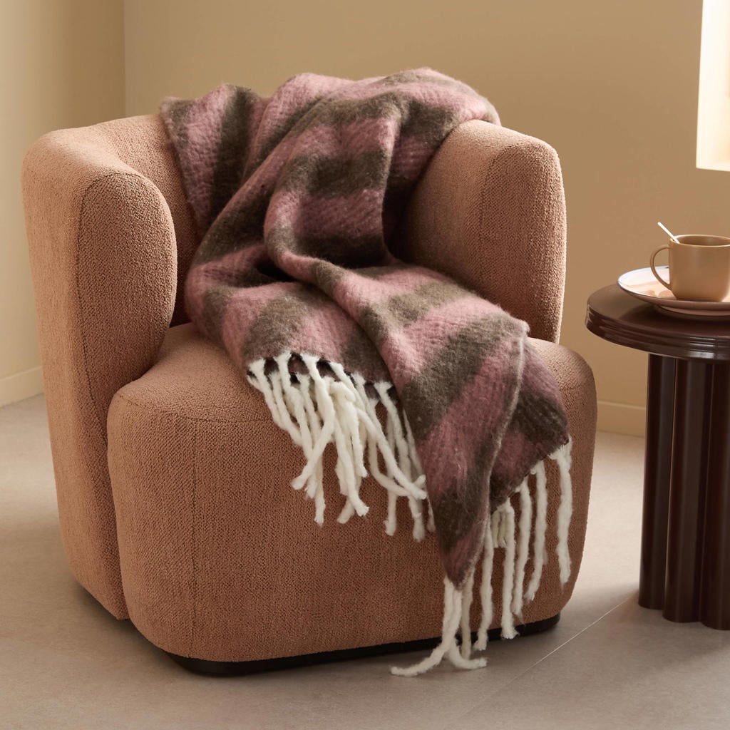 NOUS Living wollen gestreepte plaid Launic 125x150 cm - oudroze/donkerbruin