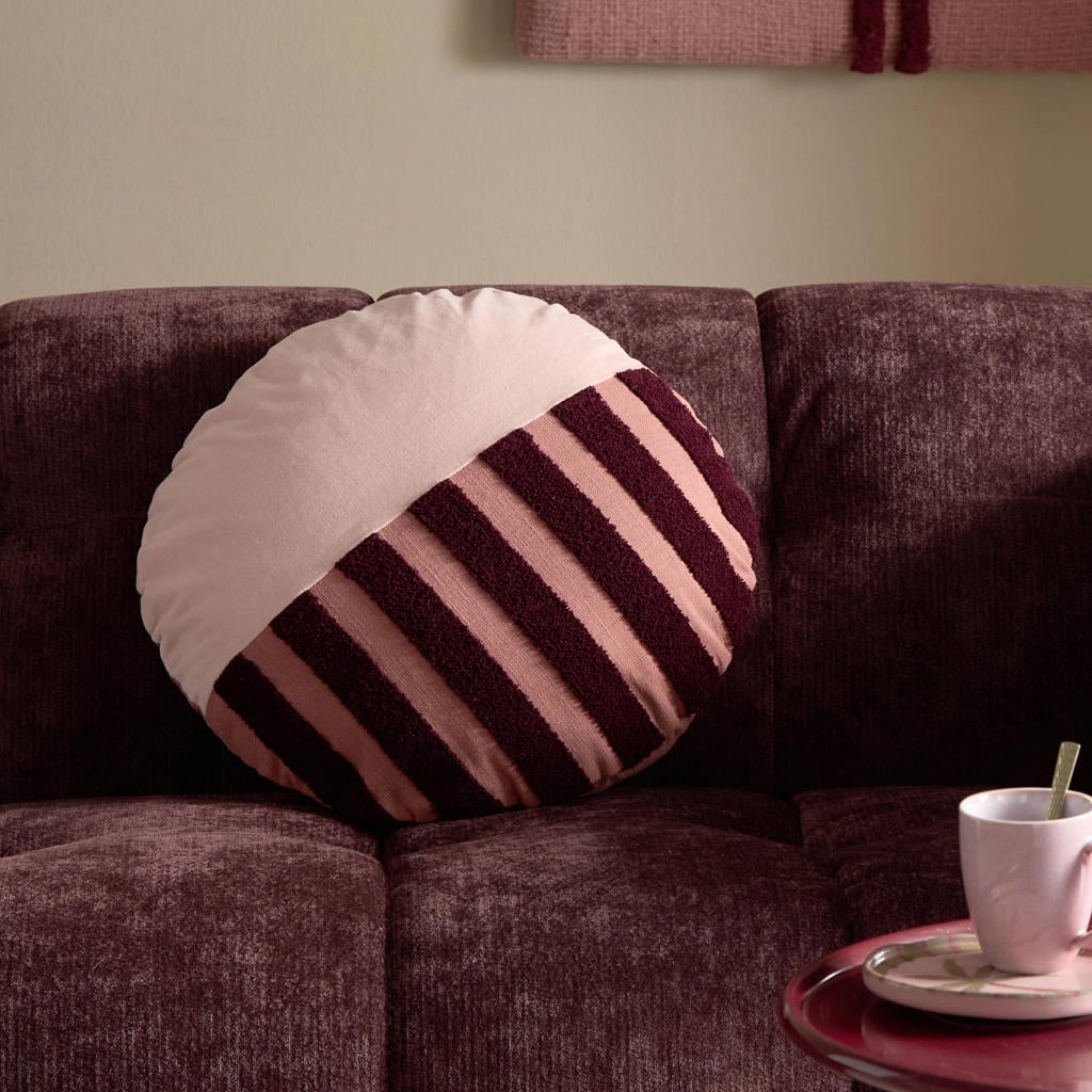 NOUS Living Lourdes rond gestreept sierkussen 50x50 cm - lichtroze/bordeauxrood