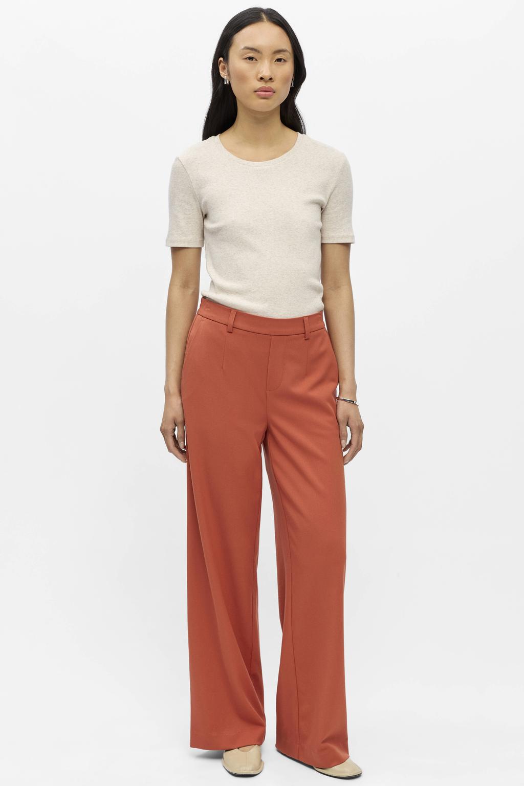 Oranje dames OBJECT wide leg regular waist pantalon met effen