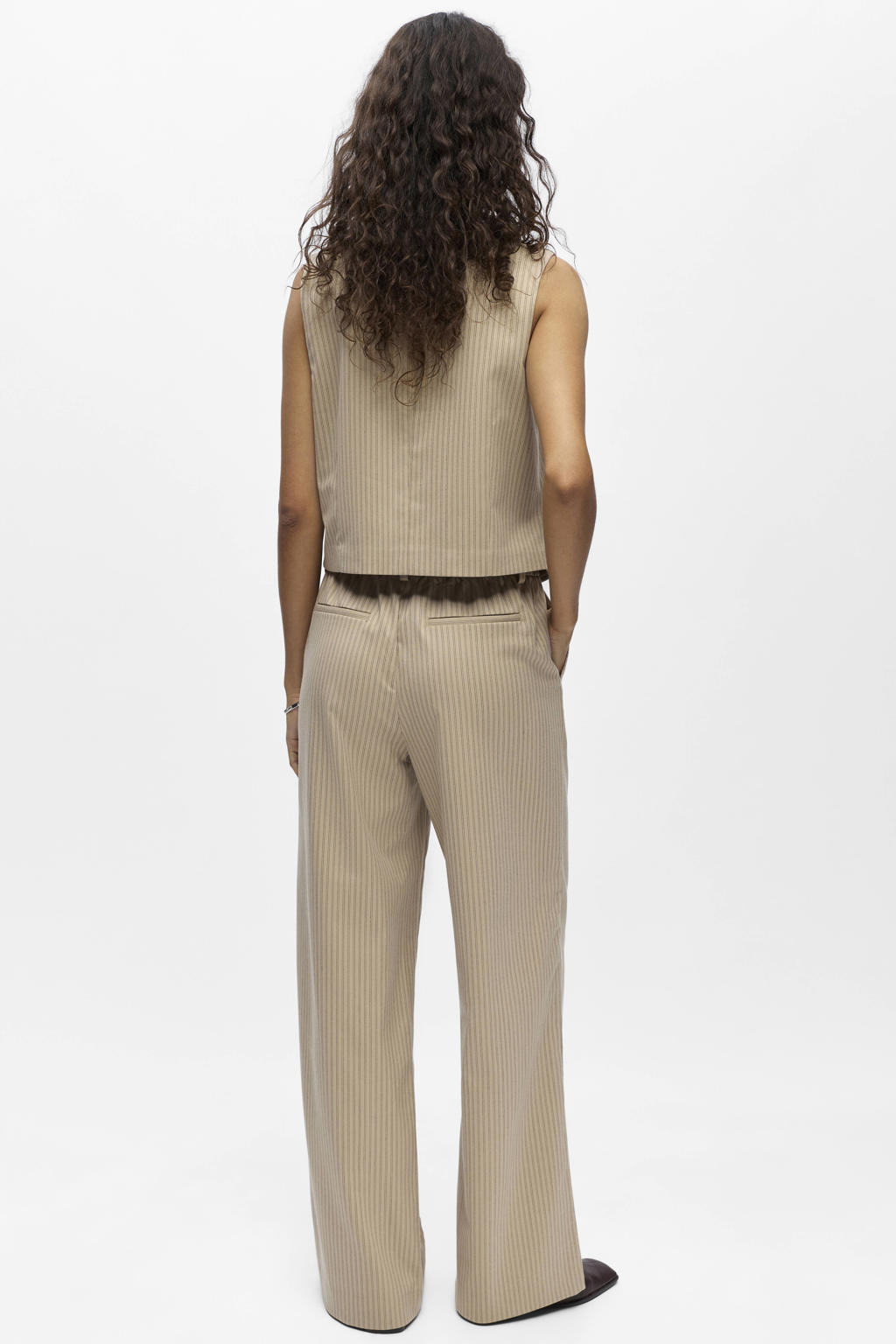 Beige en bruine dames OBJECT wide leg regular waist pantalon met elastische inzet en krijtstreepprint