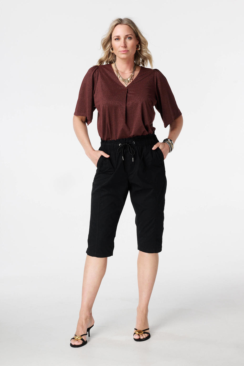 Donkerrode dames MS Mode top van polyester met effen, korte mouwen, V-hals en lurex