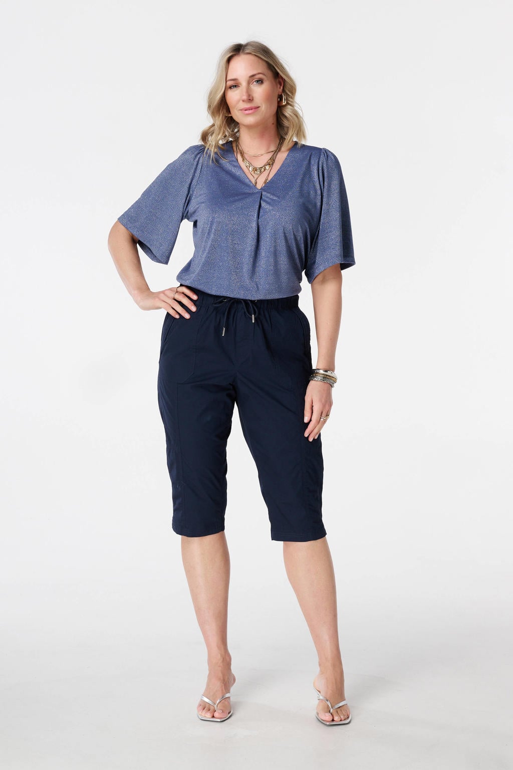 Blauwe dames MS Mode top van polyester met effen, korte mouwen, V-hals en lurex