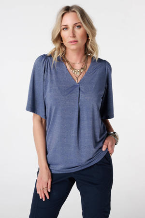 top met lurex blauw