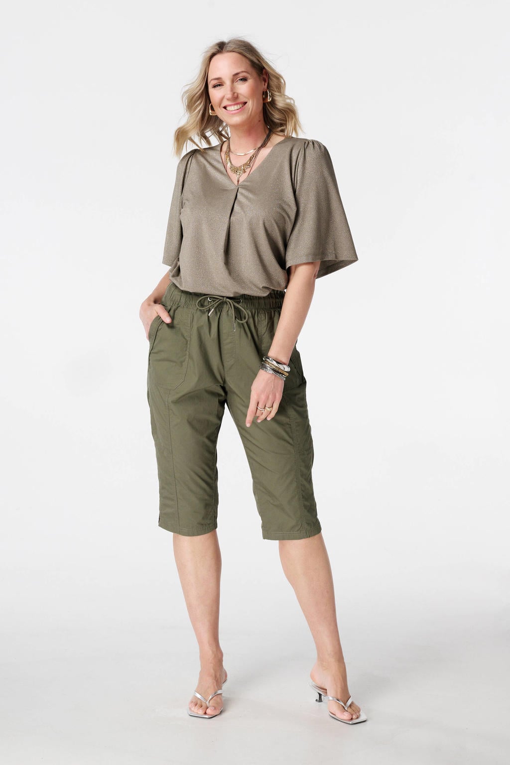 Kakikleurige dames MS Mode top van polyester met effen, korte mouwen, V-hals en lurex