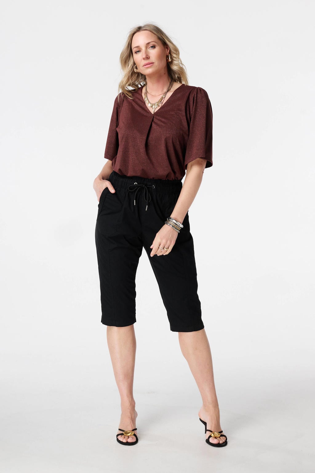 Zwarte dames MS Mode slim regular waist capri van katoen met elastische tailleband met koord en effen