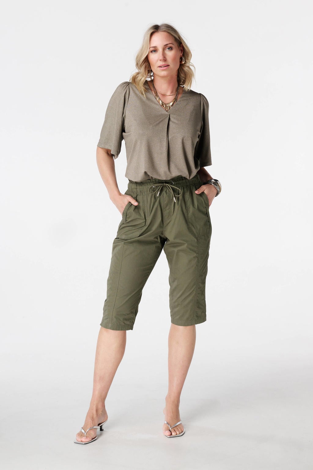Kakikleurige dames MS Mode slim regular waist capri van katoen met elastische tailleband met koord en effen