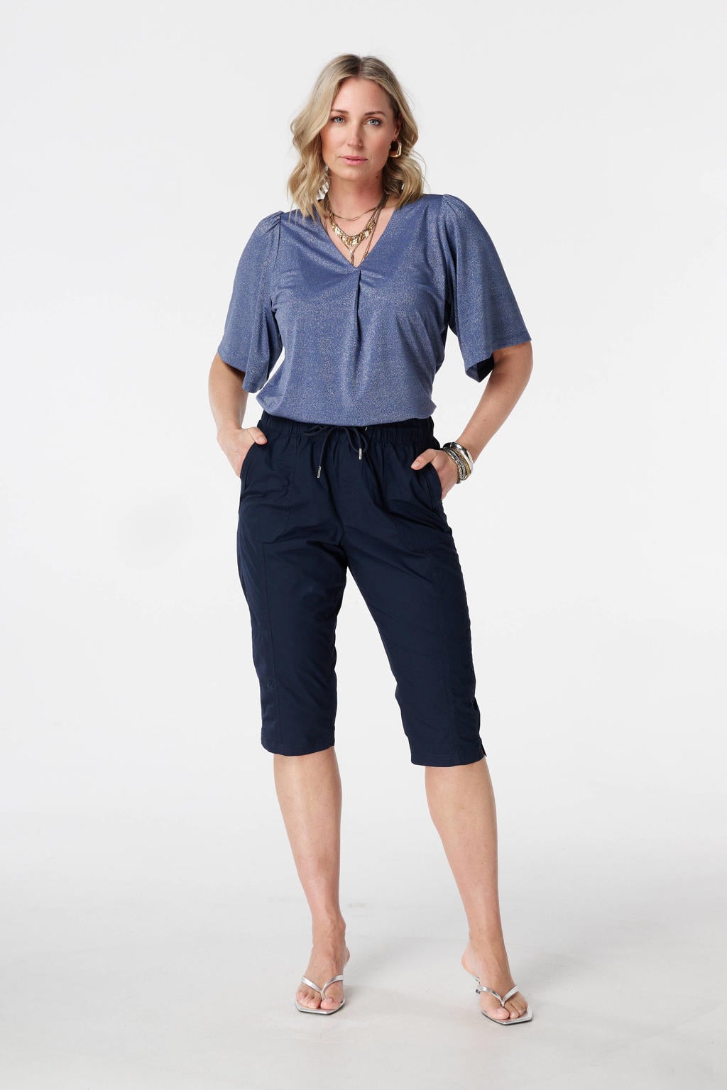 Donkerblauwe dames MS Mode slim regular waist capri van katoen met elastische tailleband met koord en effen