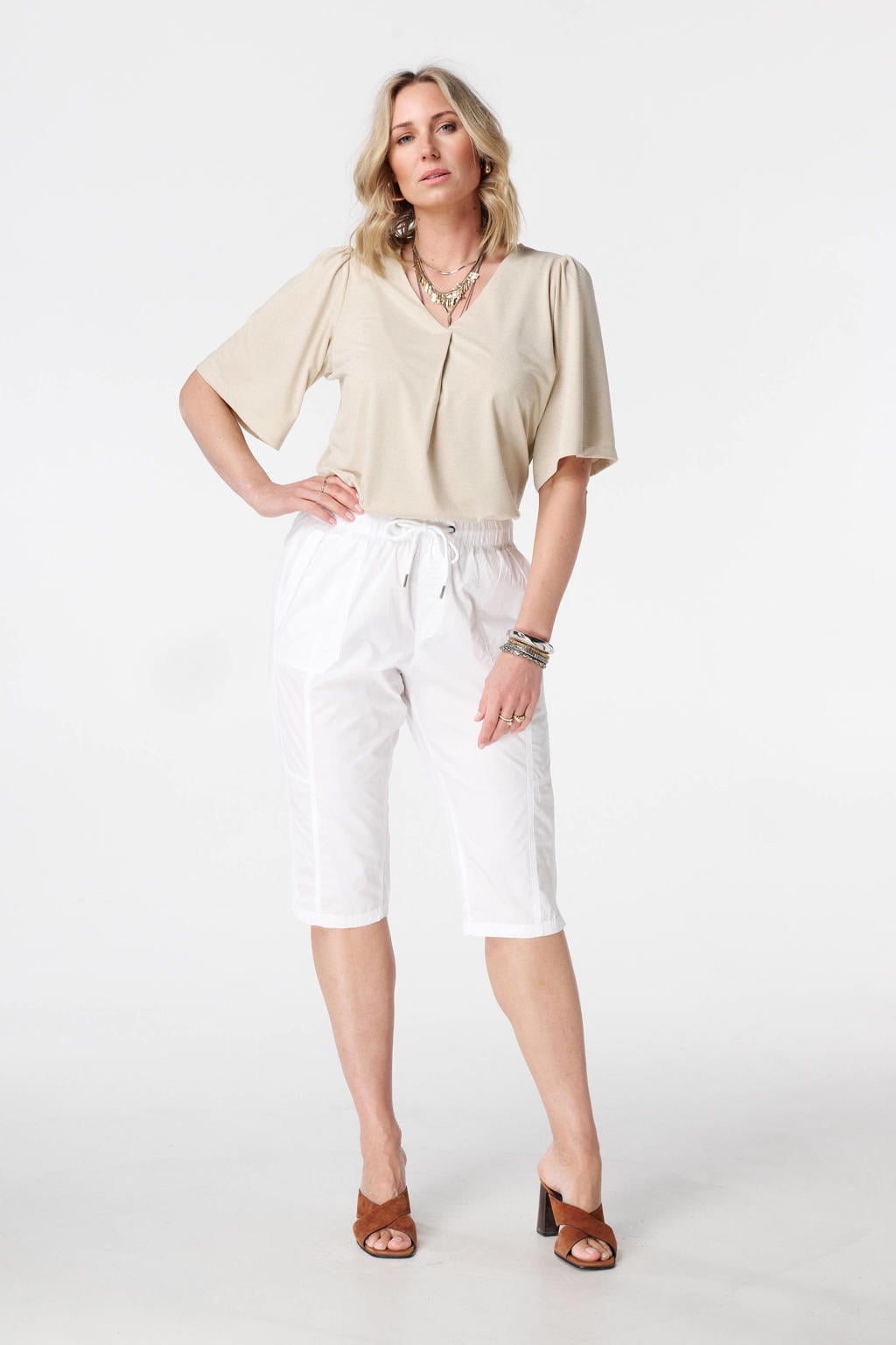 Witte dames MS Mode slim regular waist capri van katoen met elastische tailleband met koord en effen