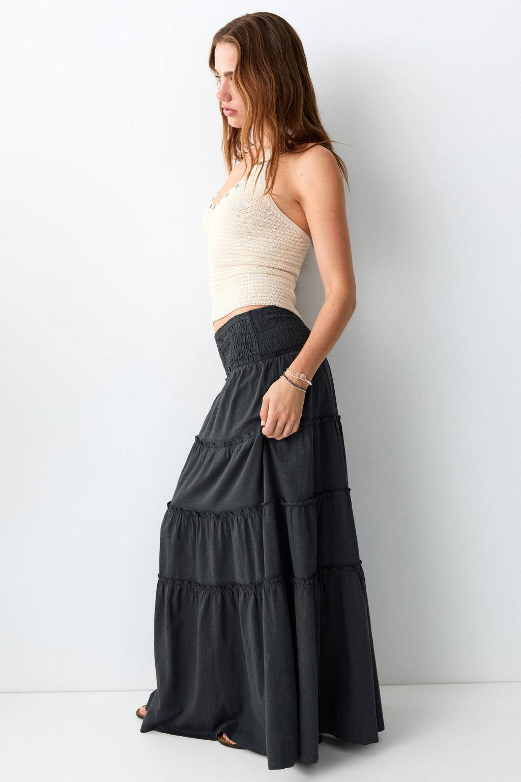 Antraciete meisjes MANGO TEEN maxi rok gemaakt van katoen en met elastische tailleband