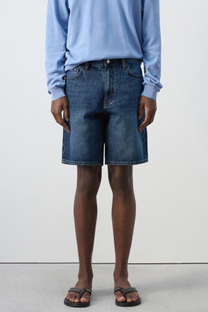 straight short dark blue denim