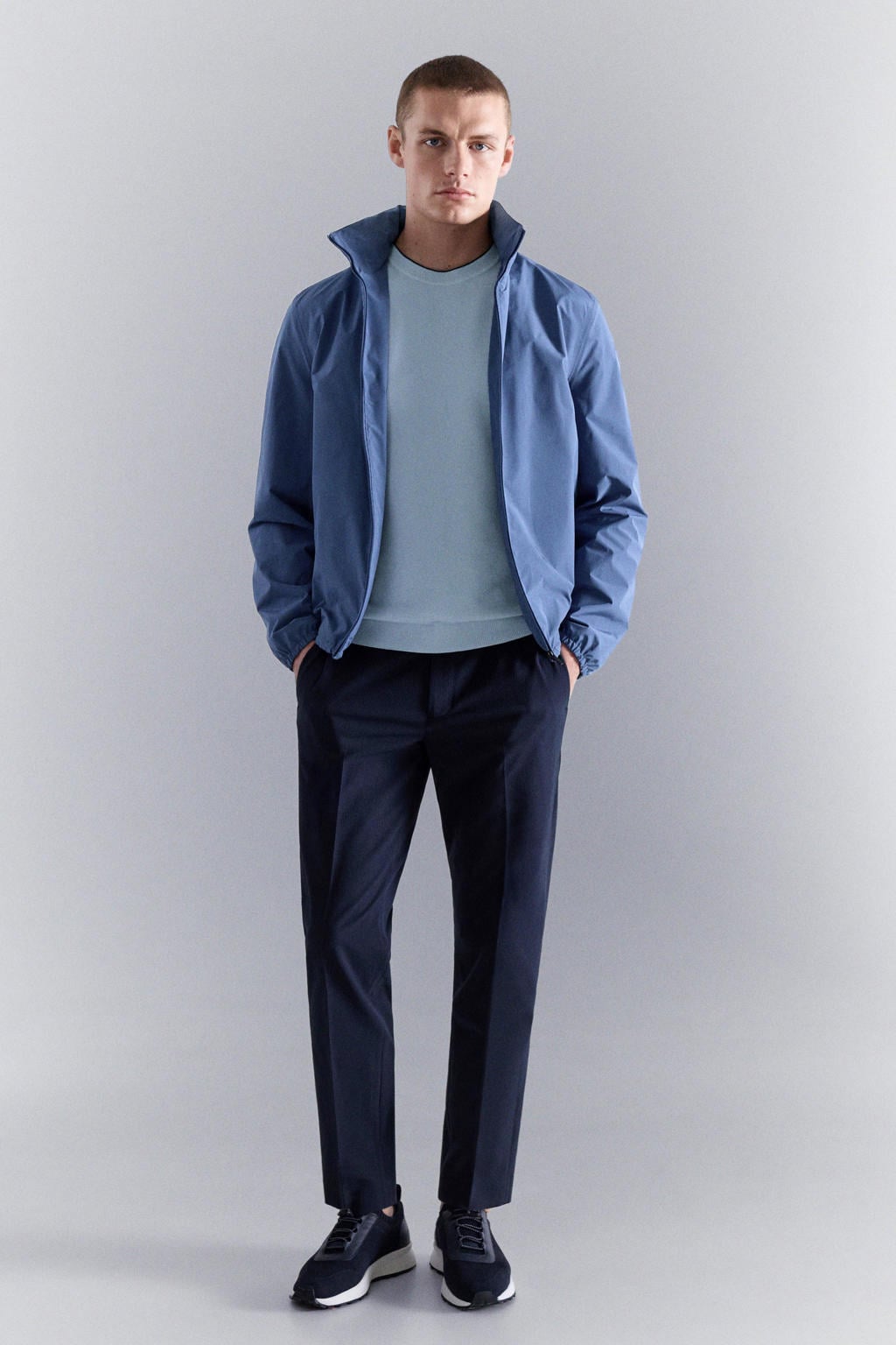 Blauwe heren Mango Man regenjas van polyester met effen, lange mouwen en ritssluiting