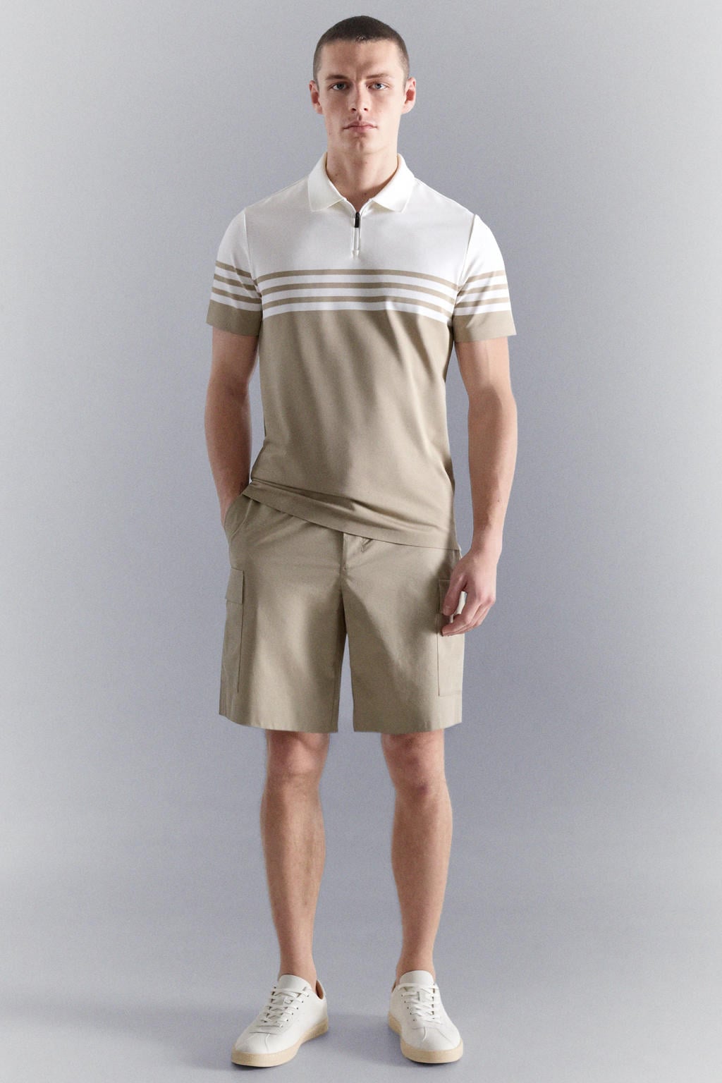 Beige heren Mango Man slim gestreepte polo met korte mouwen en halve rits