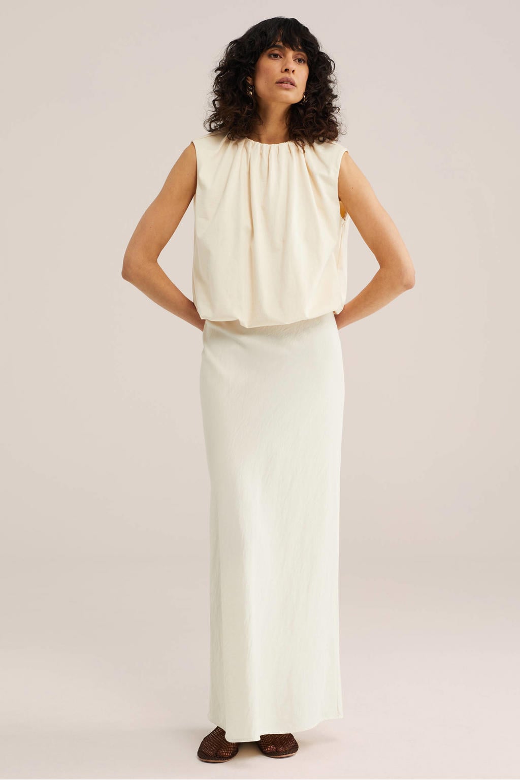 Ecru dames WE STUDIO top met effen, ronde hals en elastische boord