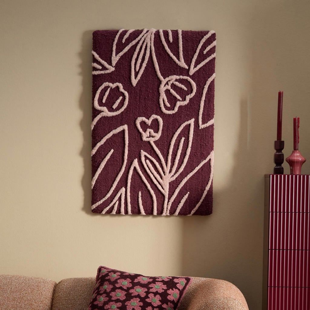 NOUS Living wollen schilderij Sharina 60x90 cm - bordeauxrood/lichtroze