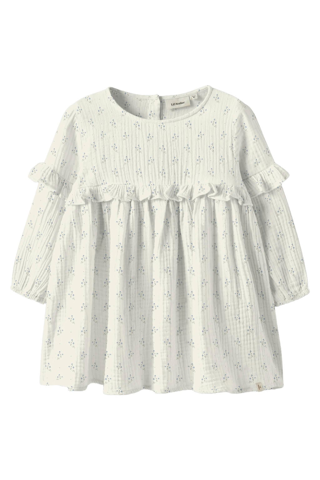 Wit en blauwe meisjes LIL' ATELIER MINI gebloemde korte jurk van katoen met lange mouwen en ronde hals