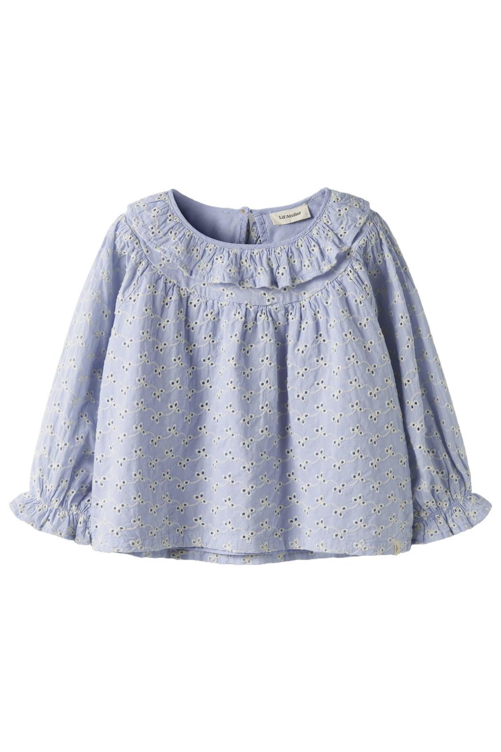 Blauwe meisjes LIL' ATELIER MINI blousetop broderie van katoen met lange mouwen, peter pan-kraag, knoopsluiting en borduursels