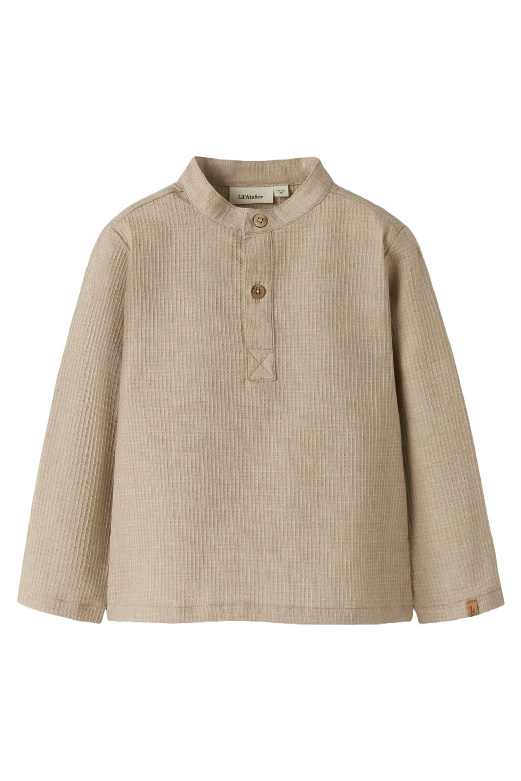 Beige jongens LIL' ATELIER MINI longsleeve van katoen met effen, lange mouwen, mao kraag, knoopsluiting en textuur