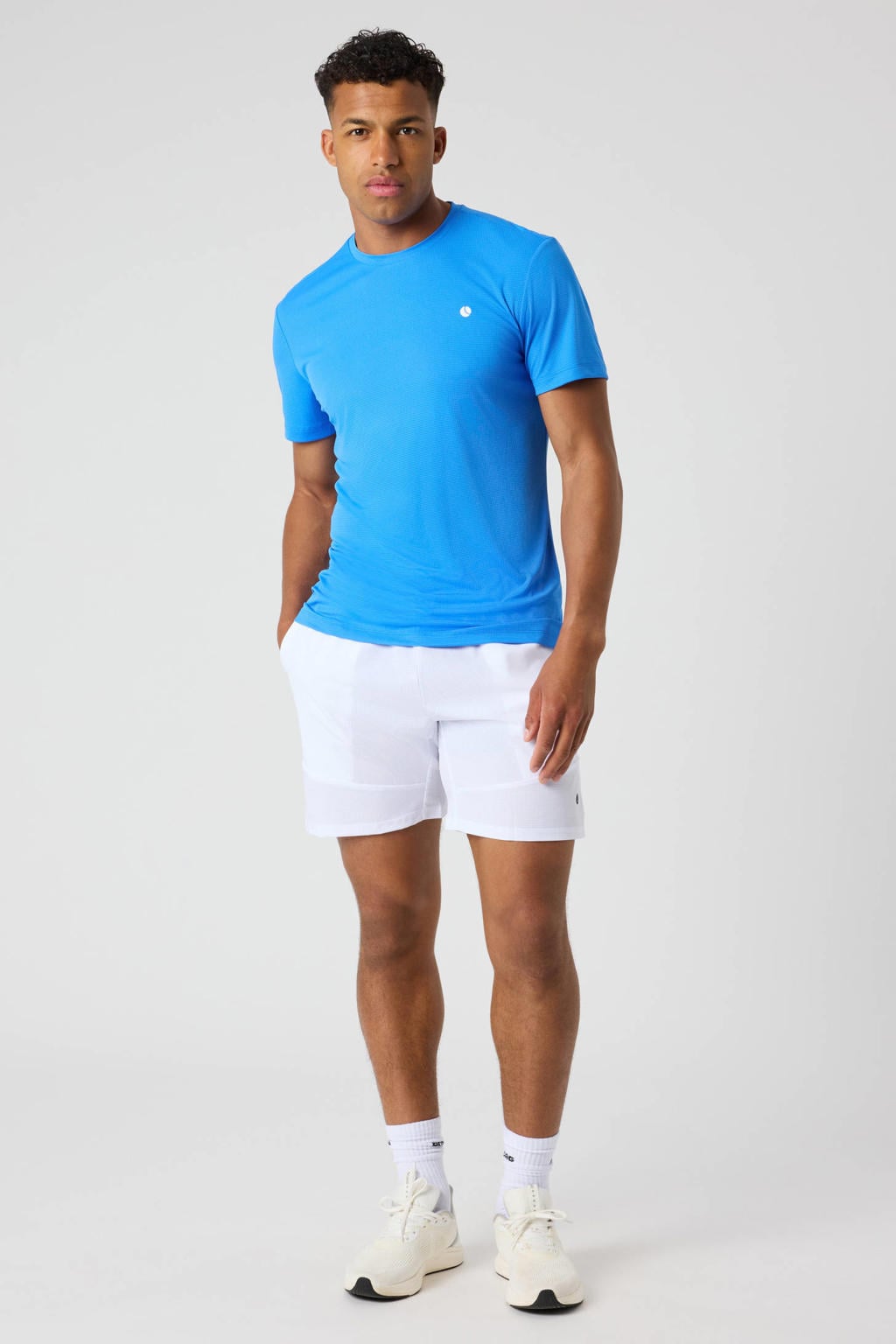 Blauwe heren Björn Borg sportshirt van polyester met logo dessin, korte mouwen en ronde hals