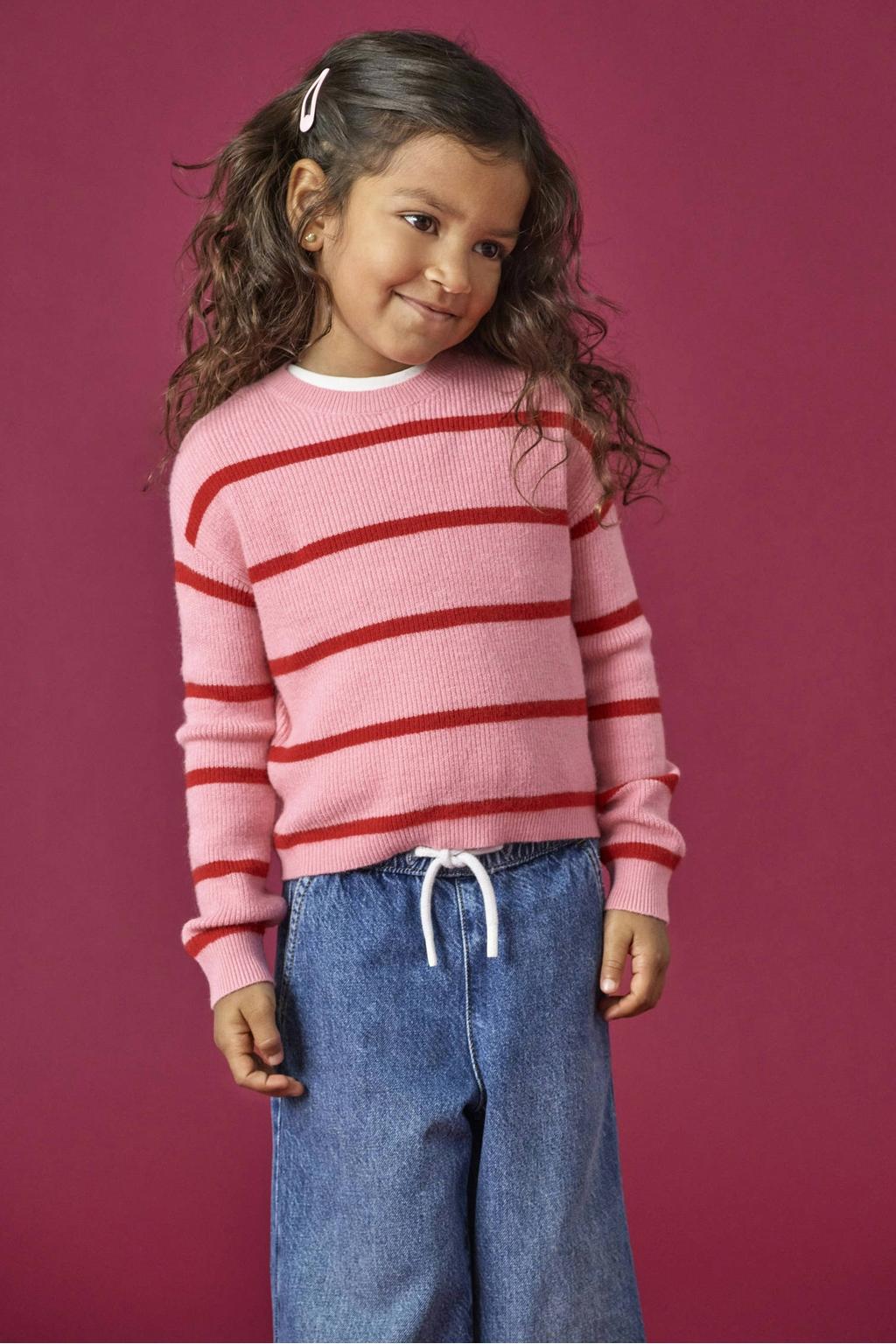 Roze en rode meisjes KIDS ONLY MINI gebreide gestreepte trui van viscose met lange mouwen en ronde hals