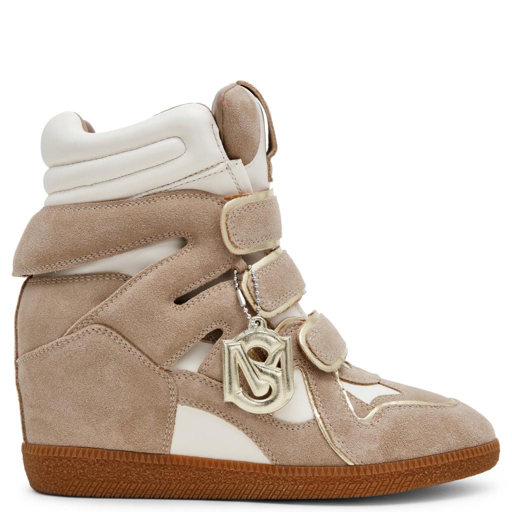 Beige dames Steve Madden leren suède sneakers met sleehak - met klittenband