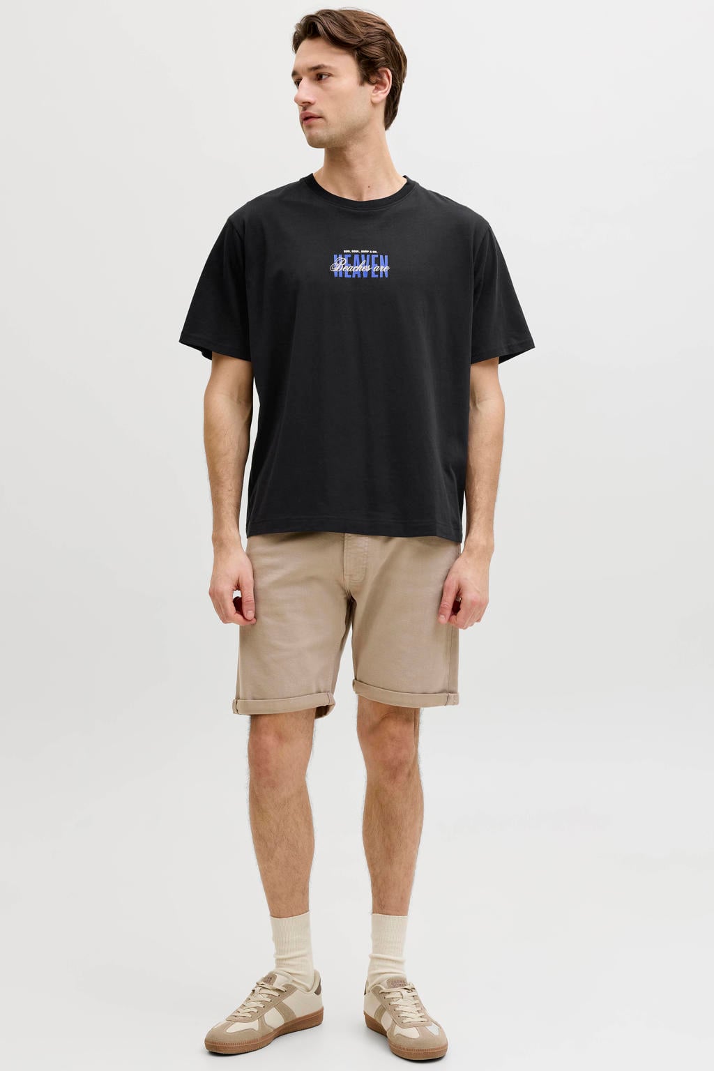 Zwarte heren JJ REBEL relaxed T-shirt van katoen met backprint, korte mouwen en ronde hals