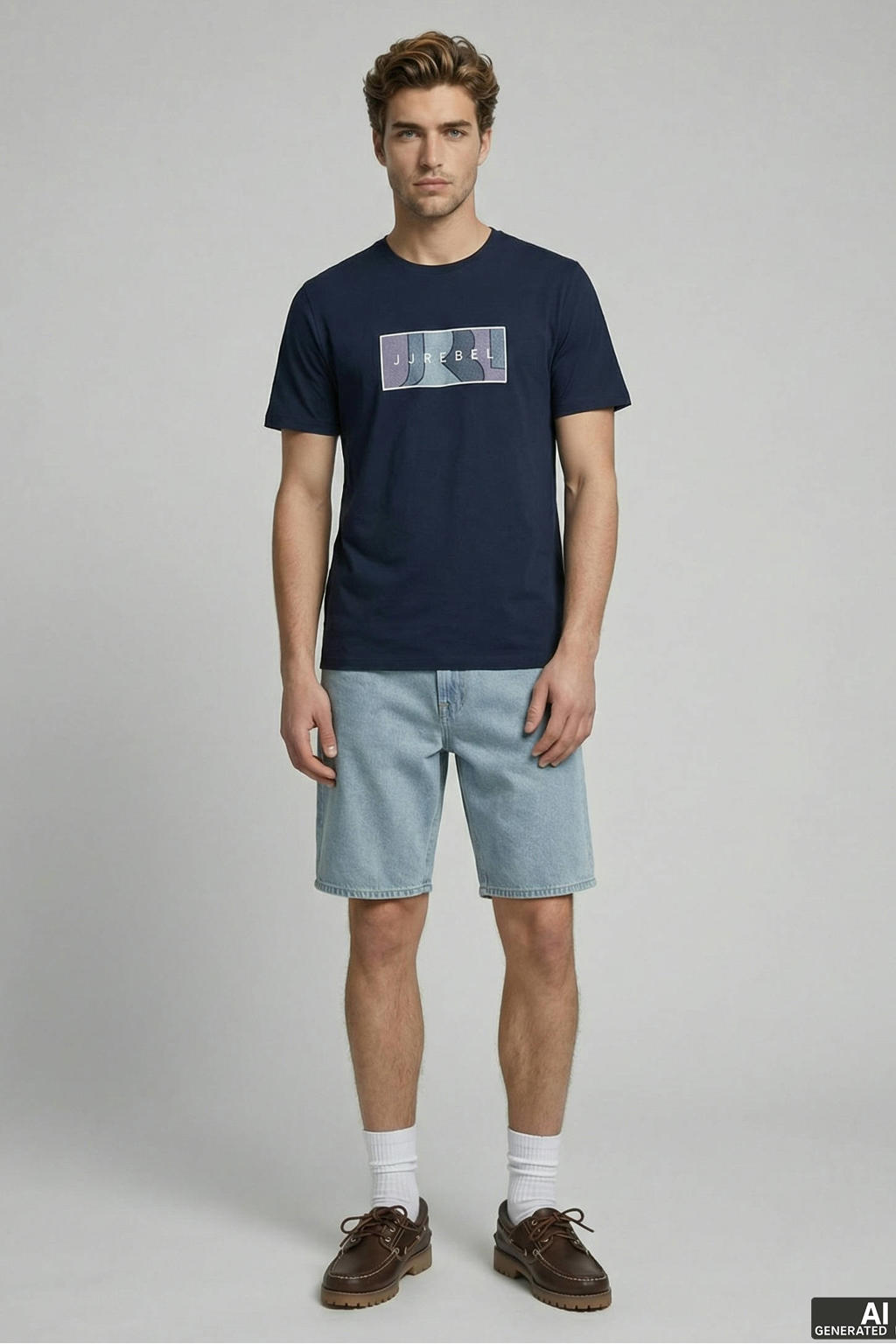 Donkerblauwe heren JJ REBEL regular T-shirt van katoen met printopdruk, korte mouwen en ronde hals