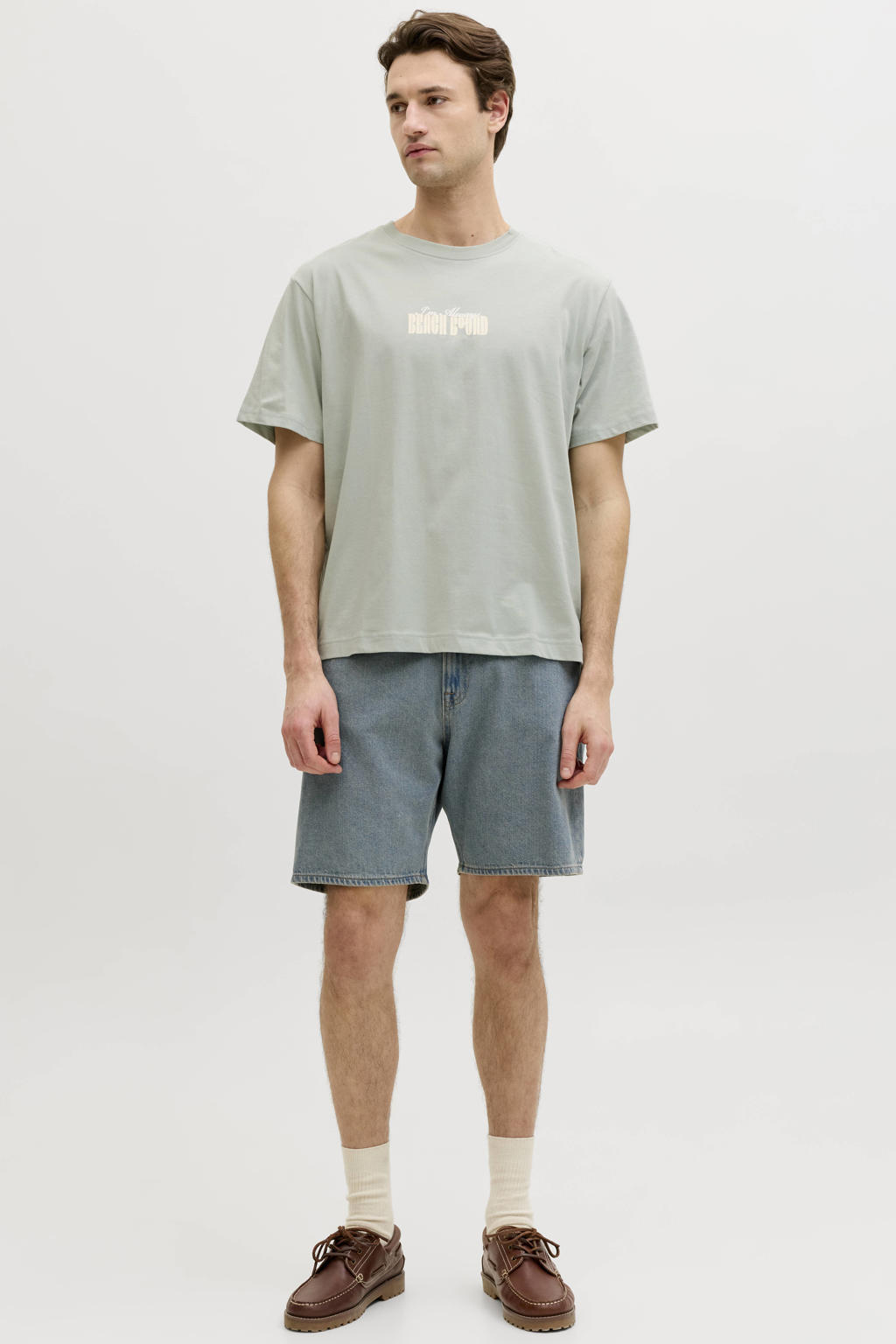 Groene heren JJ REBEL relaxed T-shirt van katoen met backprint, korte mouwen en ronde hals