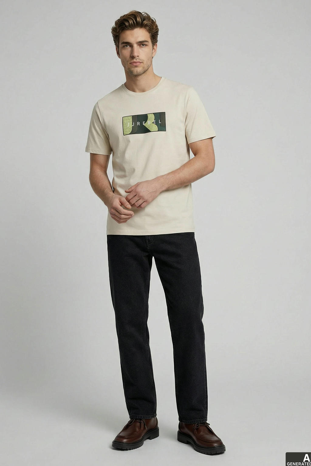 Ecru heren JJ REBEL regular T-shirt van katoen met printopdruk, korte mouwen en ronde hals