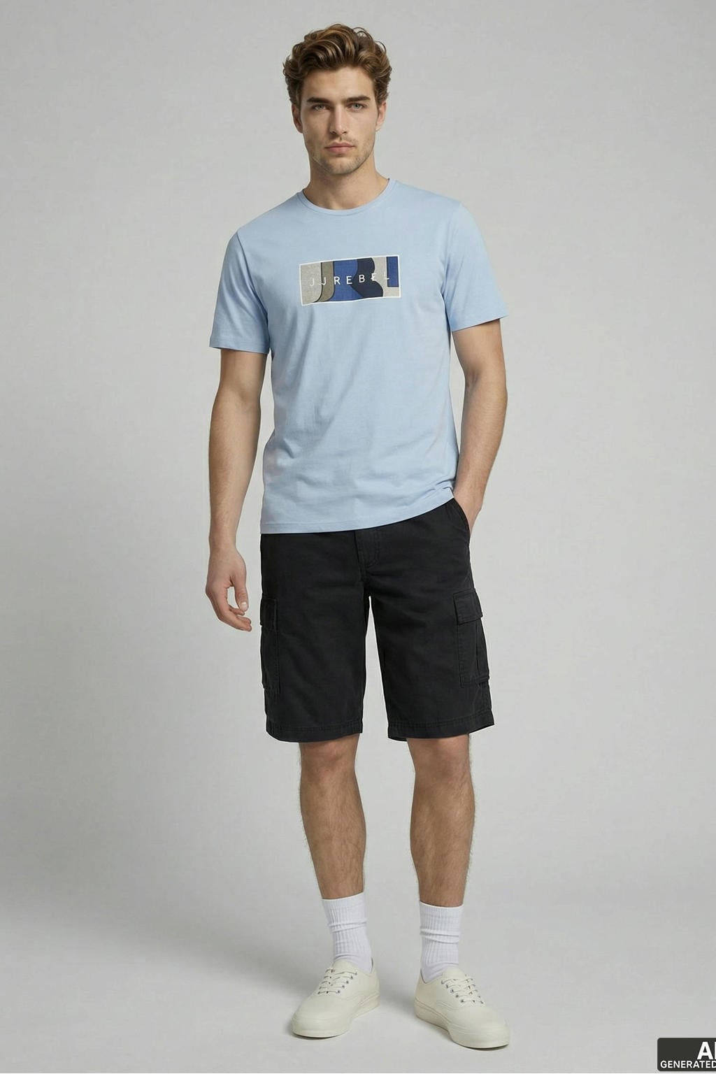 Blauwe heren JJ REBEL regular T-shirt van katoen met printopdruk, korte mouwen en ronde hals