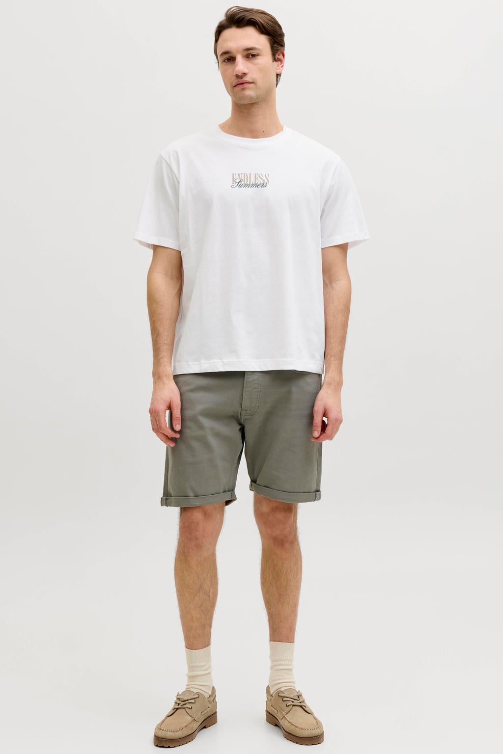 Witte heren JJ REBEL relaxed T-shirt van katoen met backprint, korte mouwen en ronde hals