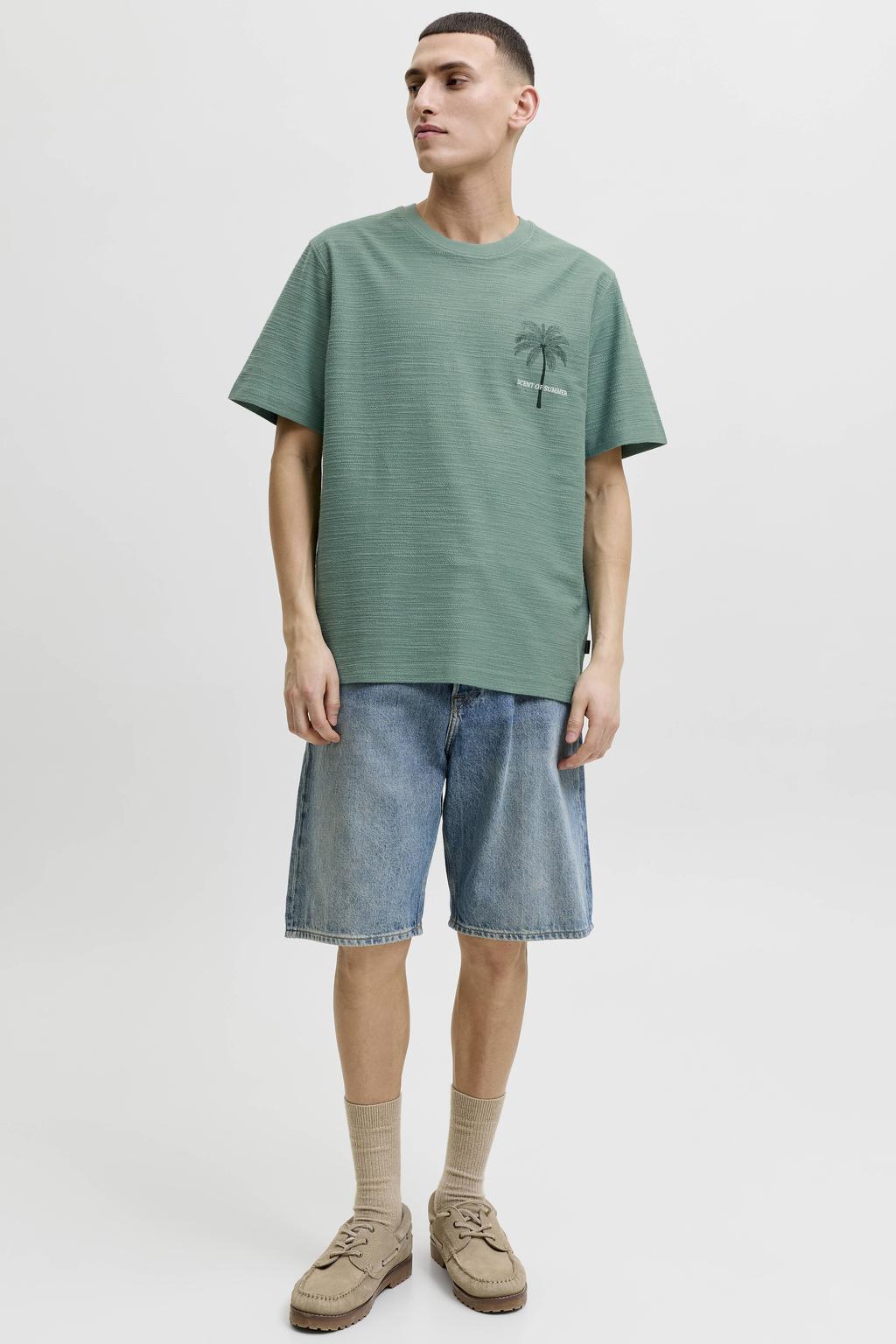 Groene heren JACK & JONES PREMIUM linnen regular fit T-shirt met korte mouwen, ronde hals en textuur