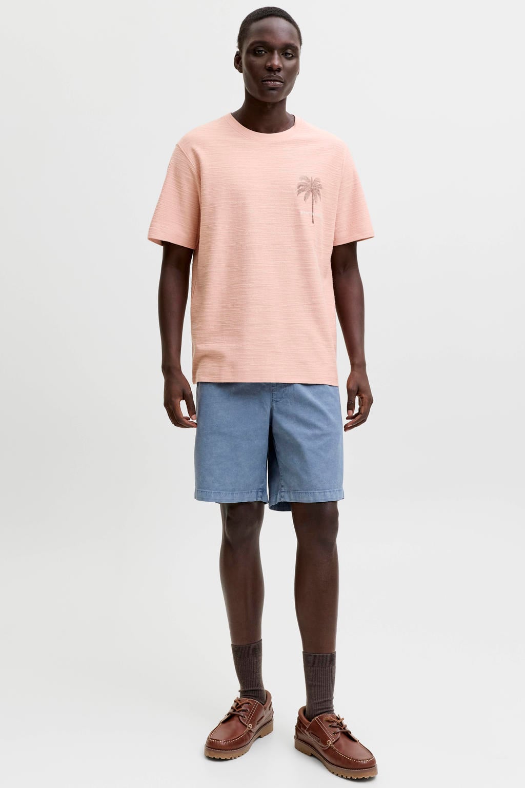 Roze heren JACK & JONES PREMIUM linnen regular fit T-shirt en textuur met korte mouwen en ronde hals