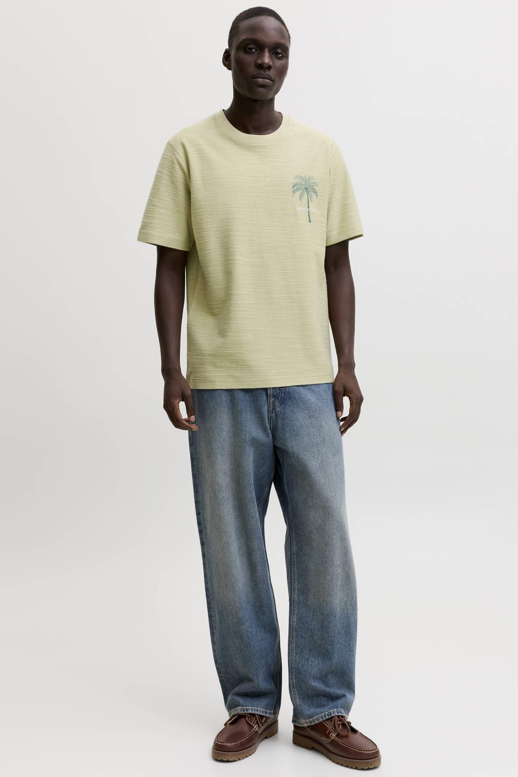 Limegroene heren JACK & JONES PREMIUM linnen T-shirt en textuur groen met printopdruk en korte mouwen