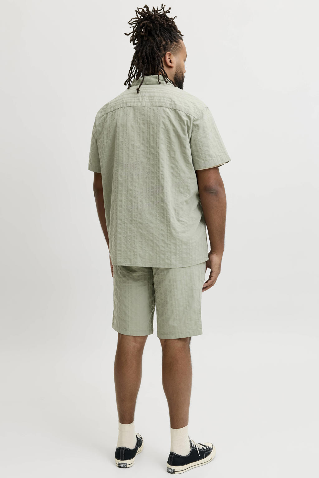 Groene heren JACK & JONES PLUS SIZE katoenen regular fit overhemd met korte mouwen, klassieke kraag en textuur