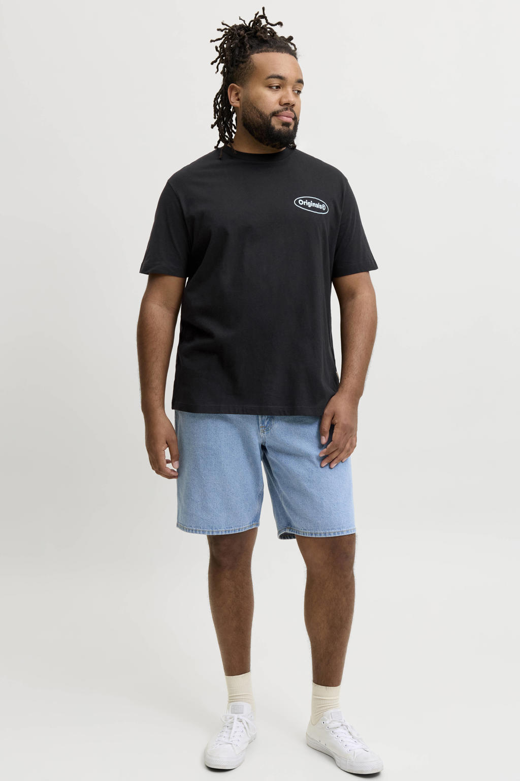 Zwarte heren JACK & JONES PLUS SIZE regular fit T-shirt van katoen met korte mouwen en ronde hals