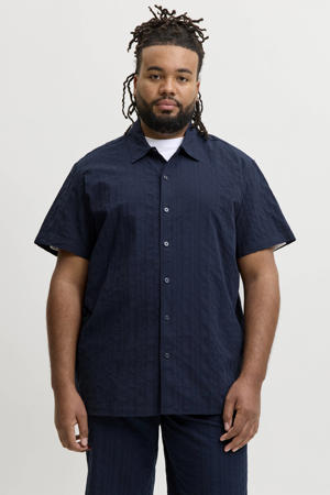 katoenen regular fit overhemd met textuur - donkerblauw