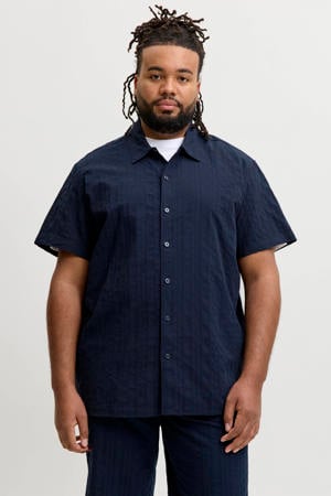 katoenen regular fit overhemd met textuur - donkerblauw