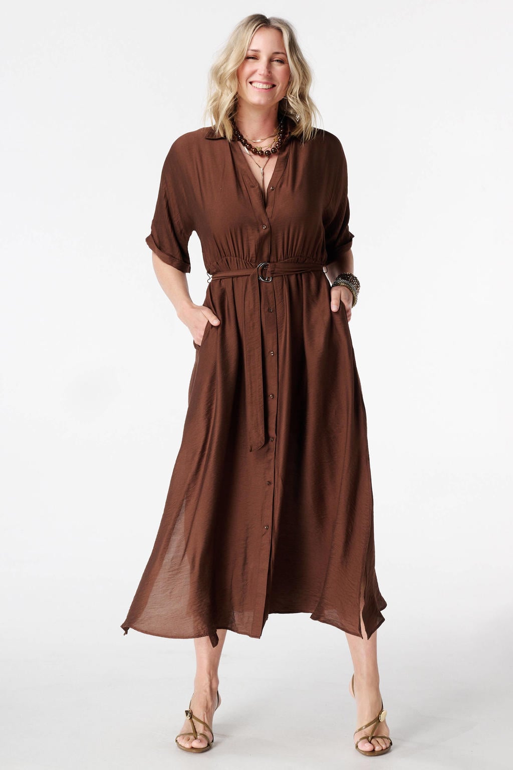 Bruine dames MS Mode blousejurk van rayon met effen, driekwart mouwen, klassieke kraag, knoopsluiting en ceintuur