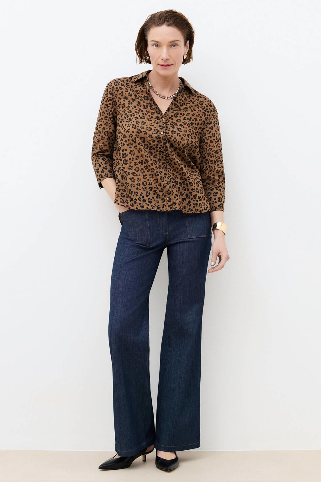 Bruin en zwarte dames Caroll blouse van katoen met dierenprint, driekwart mouwen, klassieke kraag en knoopsluiting