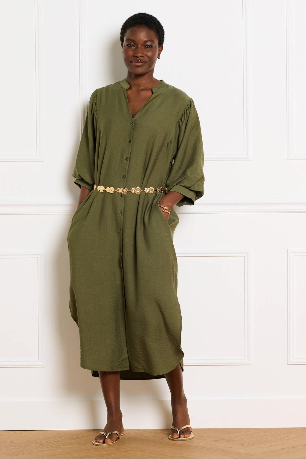 Kakikleurige dames LOLALIZA blousejurk van polyester met effen, driekwart mouwen, button down sluiting, knoopsluiting en ceintuur