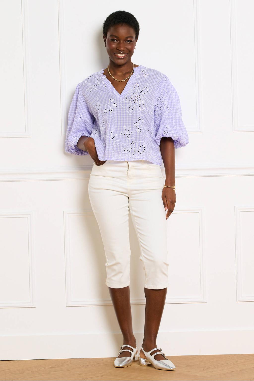 Ecru dames LOLALIZA skinny regular waist capri van katoen met rits- en knoopsluiting en effen