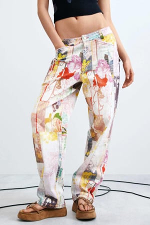 wide leg fit jeans met riemlussen en print - meerkleurig