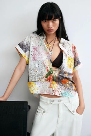 broderie blouse met print - meerkleurig