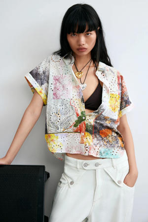 broderie blouse met print - meerkleurig